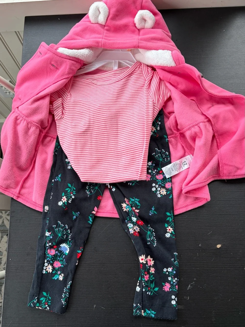 Pink Hooded Jacket with Pink Stripe Bodysuit & Black Floral Leggings Set